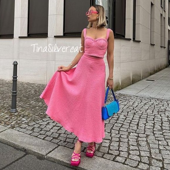 BLOGGER'S FAVE! Zara 2 Piece Set A-Line Skirt And Bustier Pink NWT - Picture 14 of 17